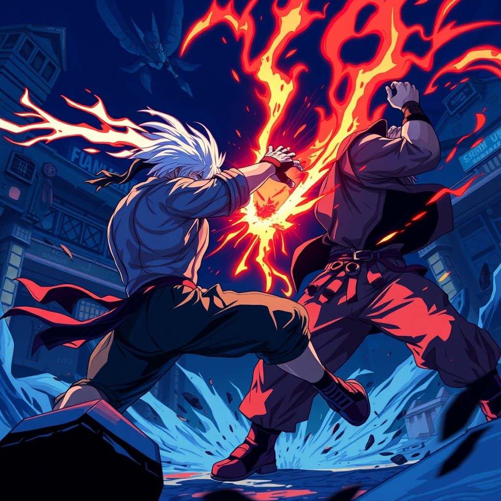 Dynamic Blue-Lit Fighting Scene in Cel-Shaded Style