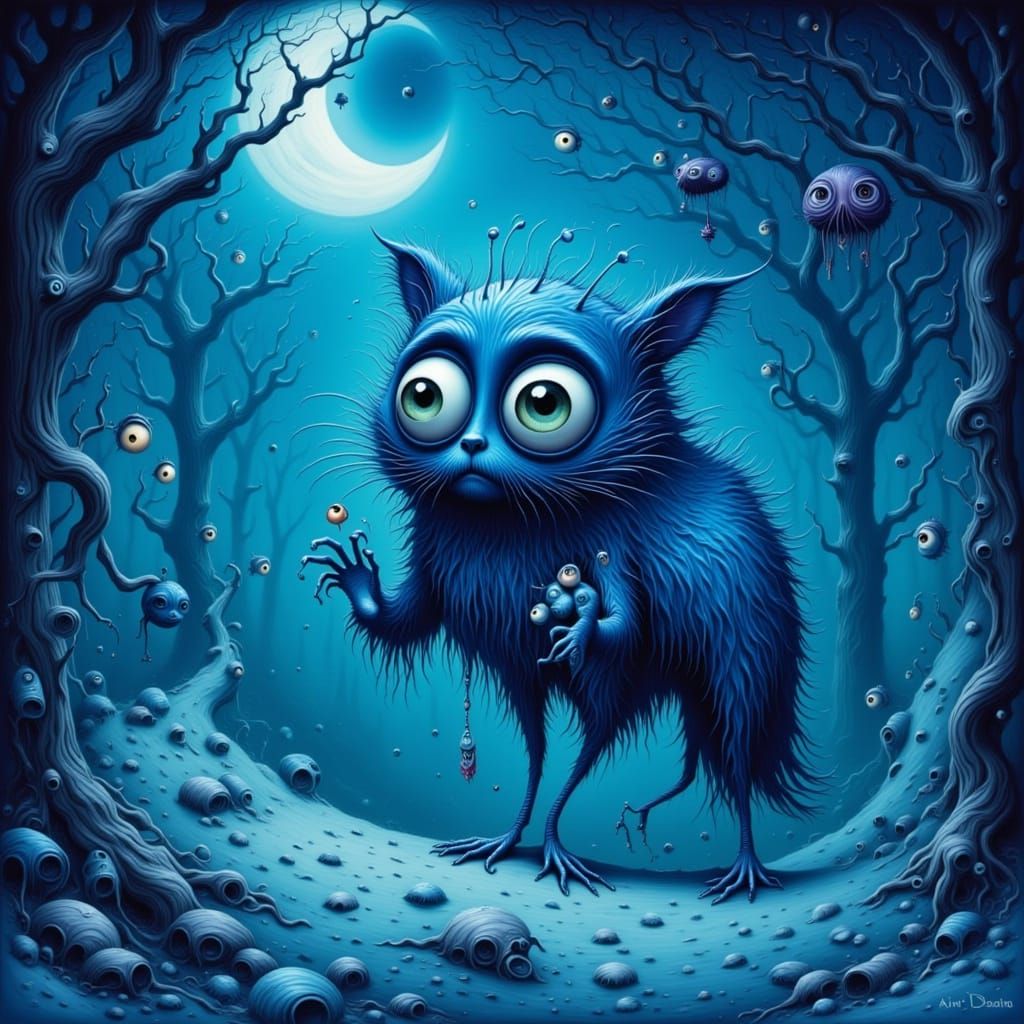 <lora:Burton Big Eyes:1.0> <lora:Burtonesqe:1.0> <lora:Dark-Whimsy:1.0> Use the color Blue as the dominant color of the ...