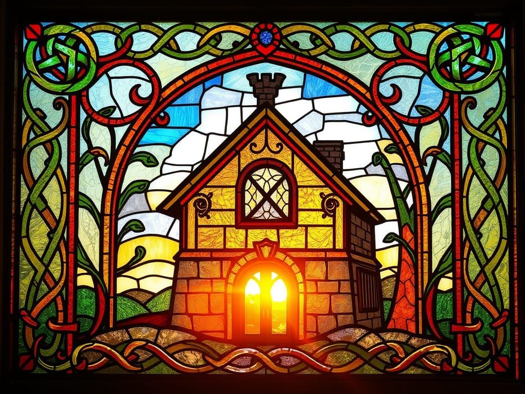 Medieval Irish Inspired Stained Glass Window with Celtic Hou...