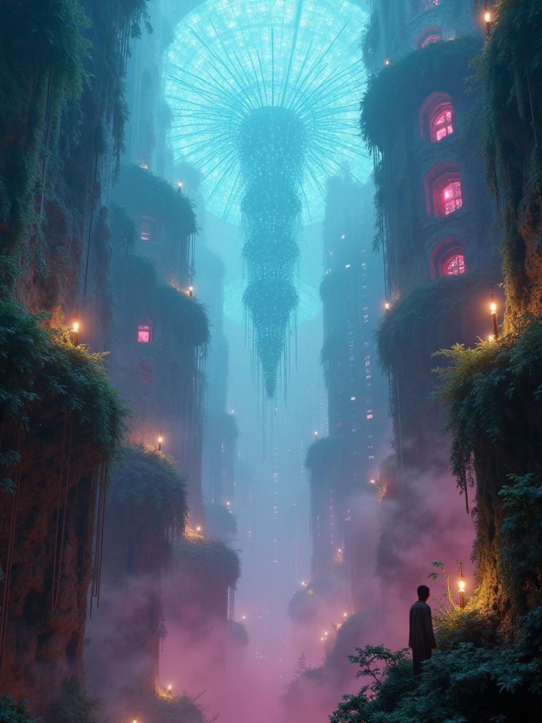 Cyberpunk Organic Cityscape in Cosmic Twilight