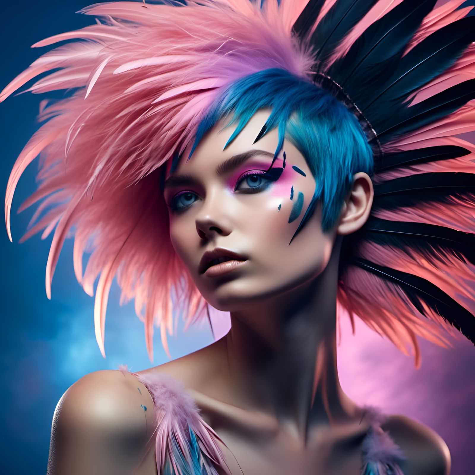 Colorful Portrait with Feather in Layered Textures