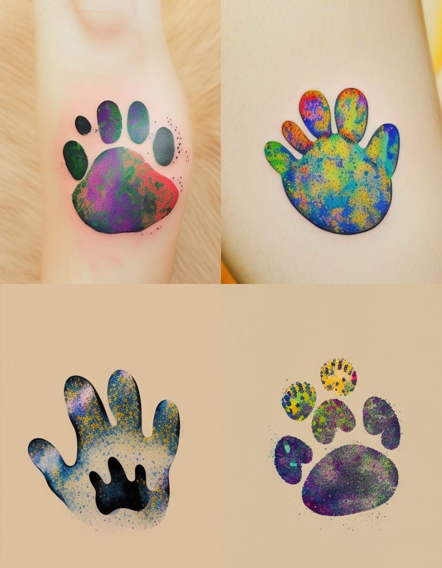 A beautiful dog paw print tattoo in a brightly colored watercolor design