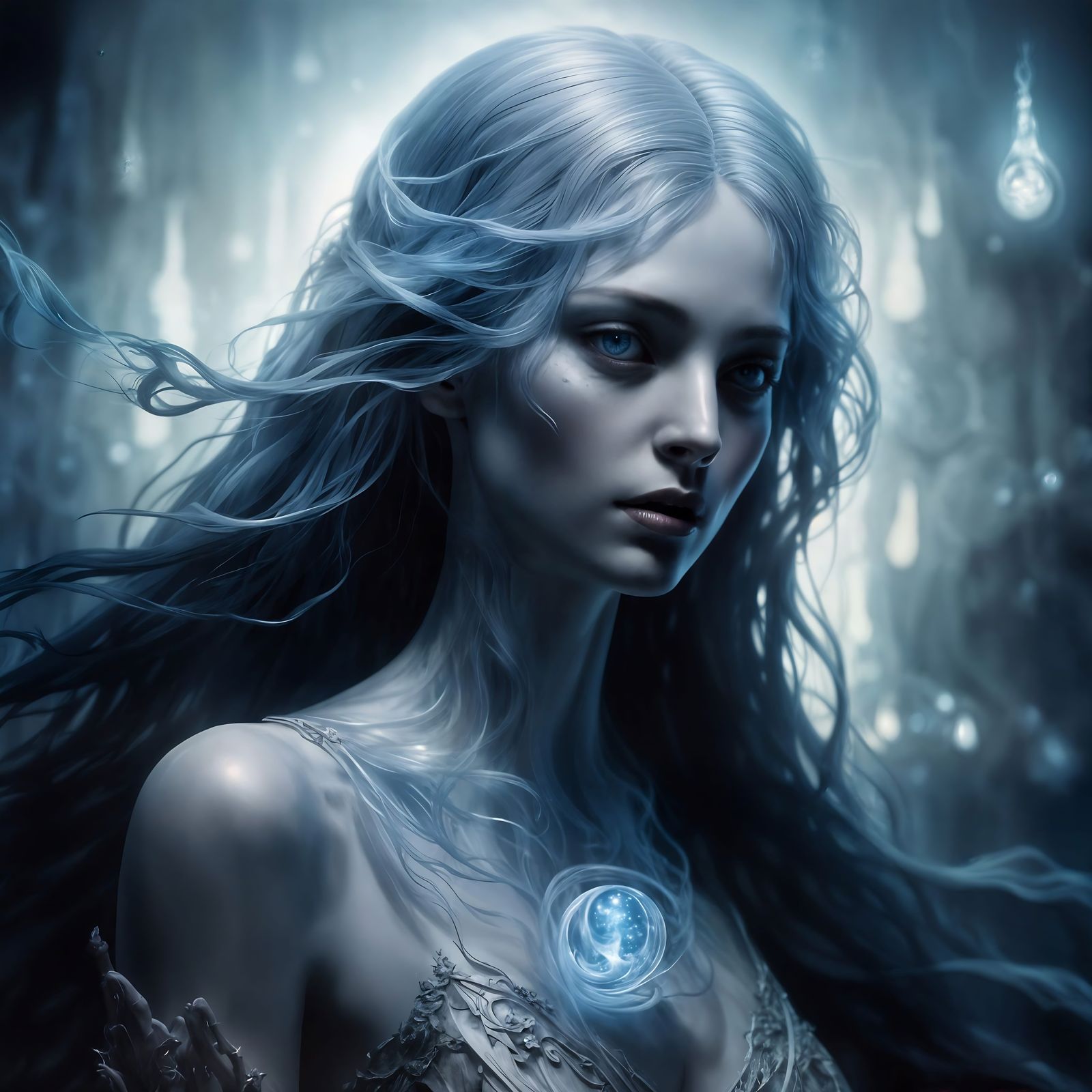 Ethereal Wisp Mother in Gothic Moonlit Scene