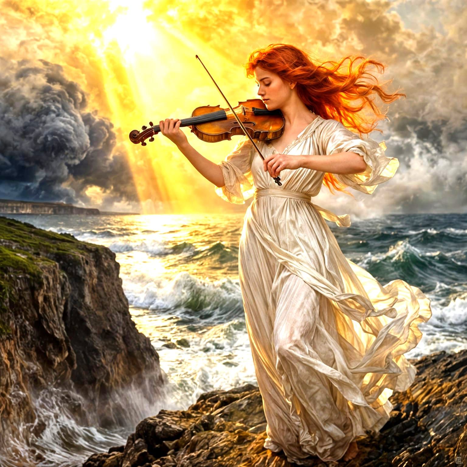 Celtic Musician on Windswept Cliff, Dramatic Oil Painting