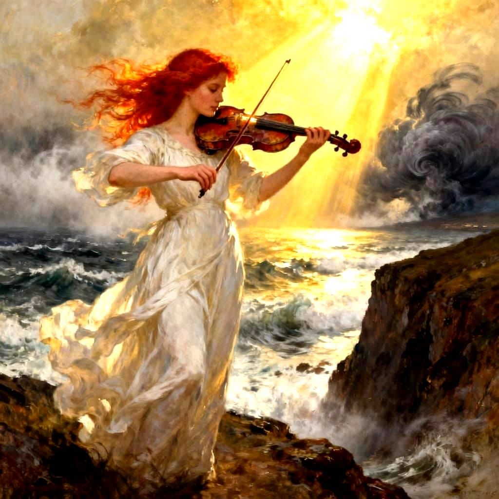 Celtic Woman Plays Violin on Windswept Cliff