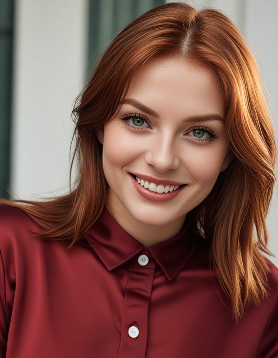 A Young Woman Smiles in a Red Silk Blouse and Black Leather ...