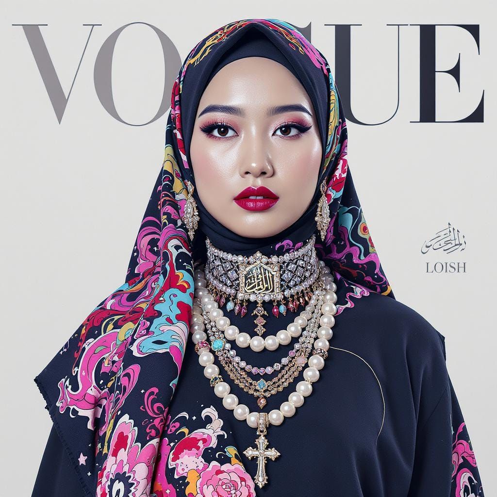 Woman in Hijab with Pearl Choker, Murakami Style