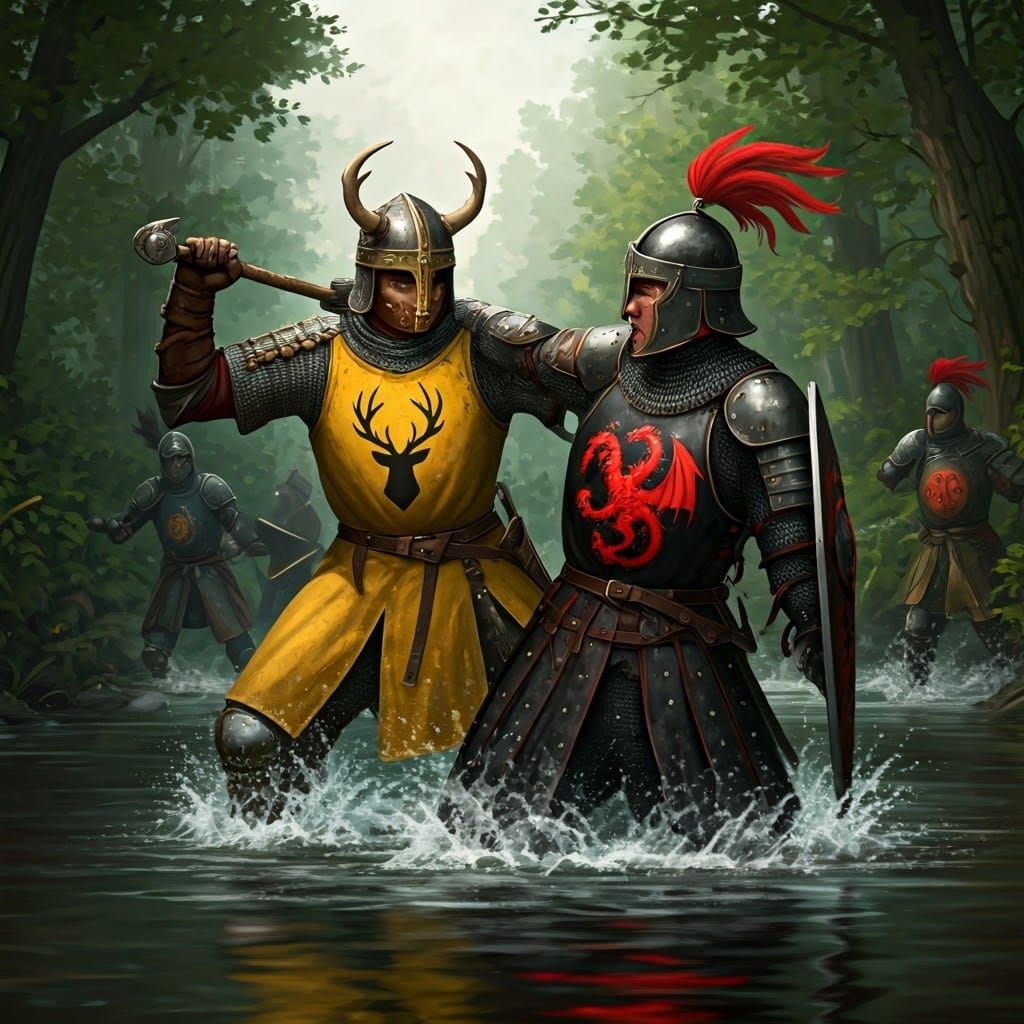 Medieval Battle Scene in Forest River Ford