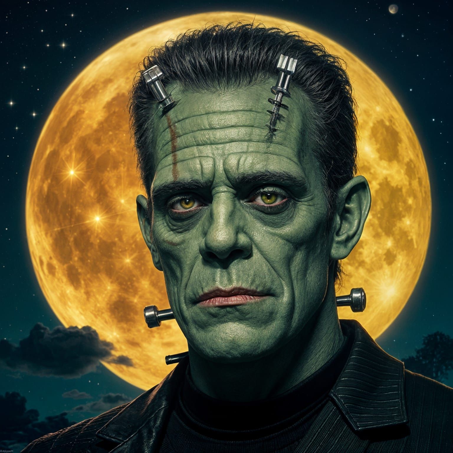 Hyperrealistic Frankenstein Headshot Under Moonlight