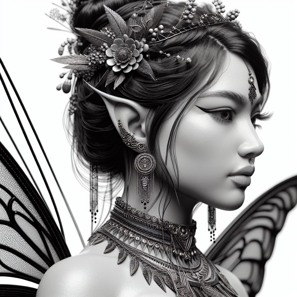 Detailed Black and White Maori Fairy Portrait