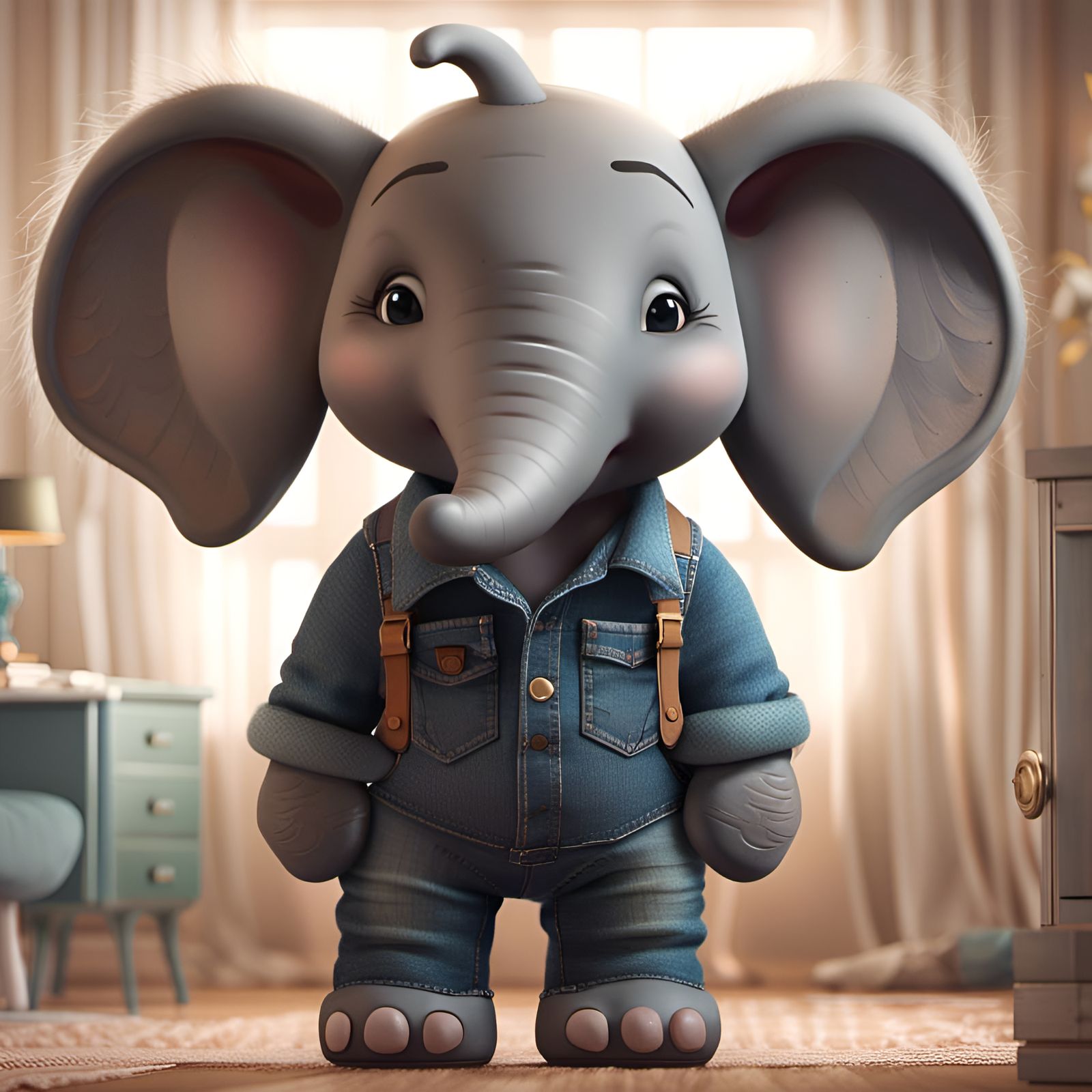 Elephant Wearing Jeans in Bedroom: Digital Art