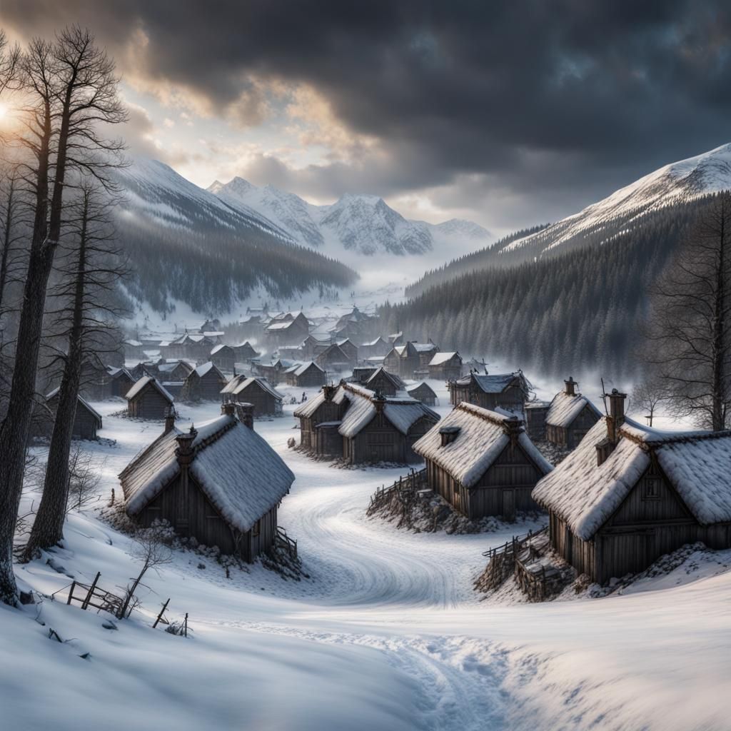 Viking Village on Snowy Mountain in Hyperrealism