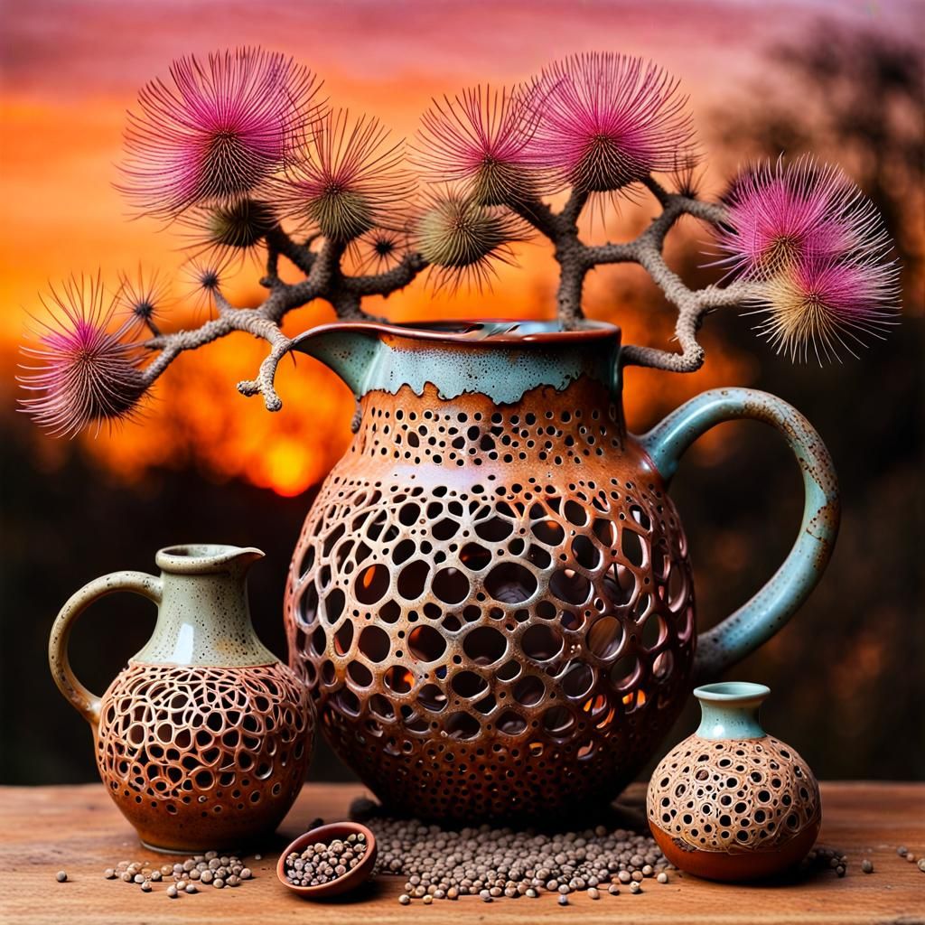 Intricate Raku Jug with Filigree Porcupines