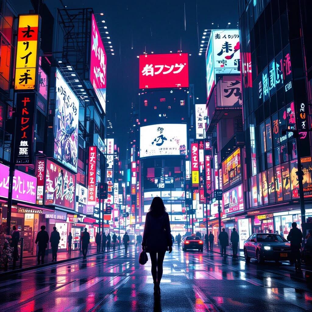 Woman Walks Through Neon-Lit Tokyo Streets