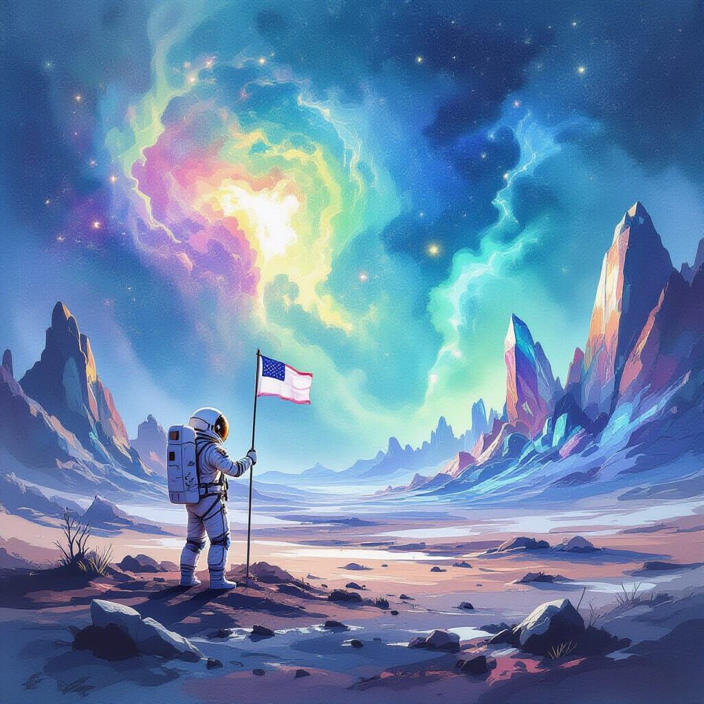 Astronaut Plants Flag on Alien World Amidst Glowing Flora