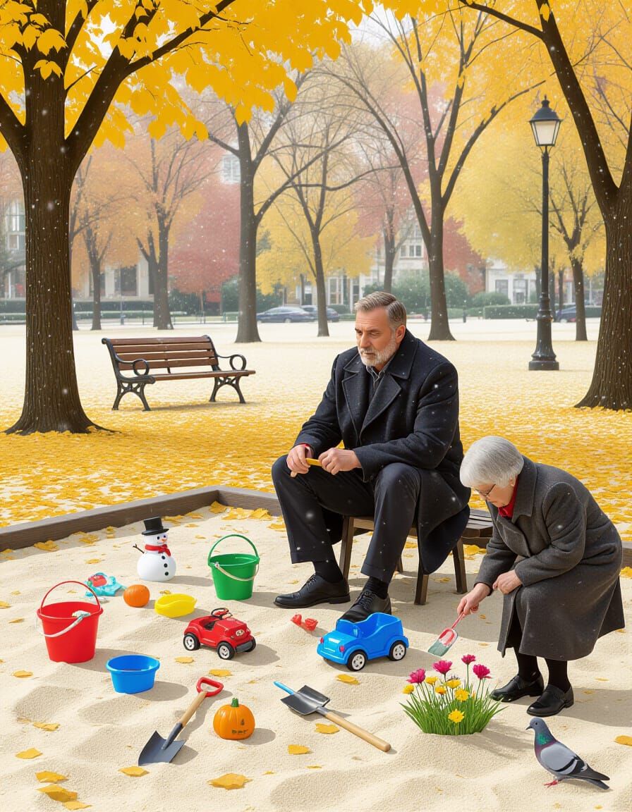Surreal Autumn Park Scene with Floating Bench and Seasonal M...