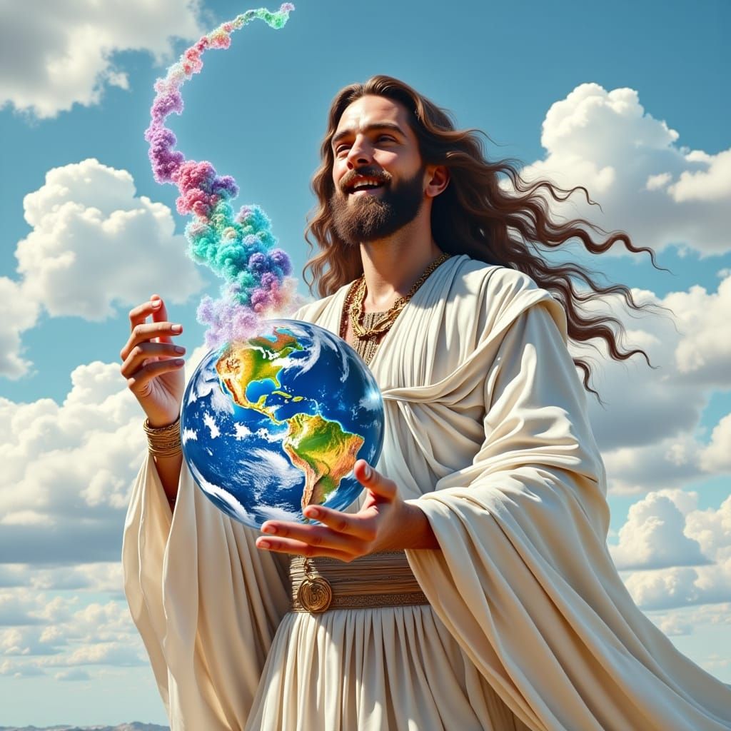 Jesus Radiates Joy in Surreal Landscape