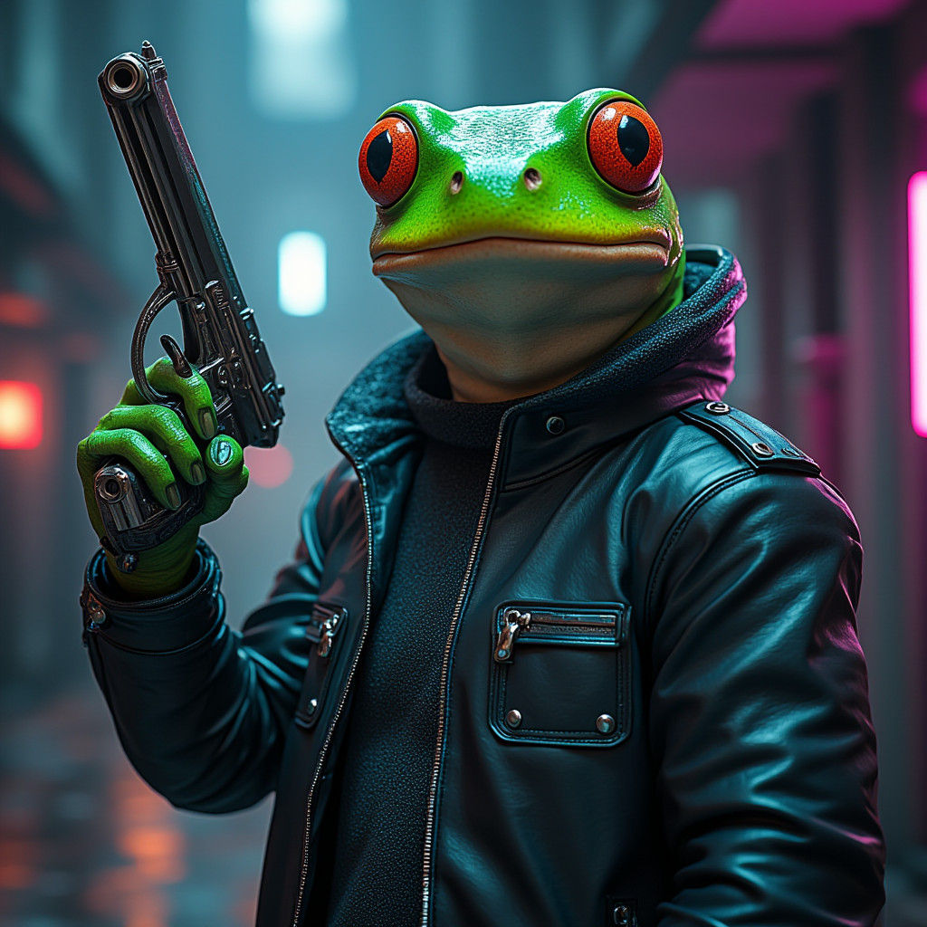 Heroic Frog-Human Hybrid in Neon Alleyway