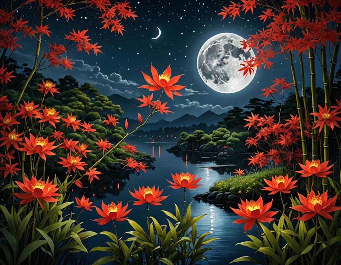 Luminescent Asian Landscape Under Starry Night