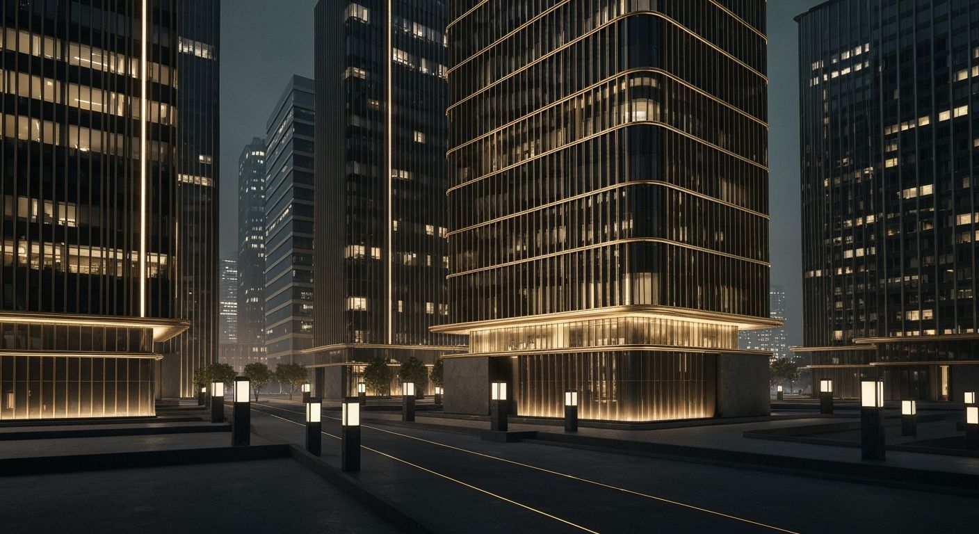 Dark Cyberpunk Cityscape With Gold Accents