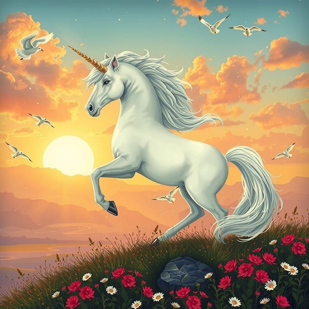 Majestic White Unicorn Against Sunset Landscape