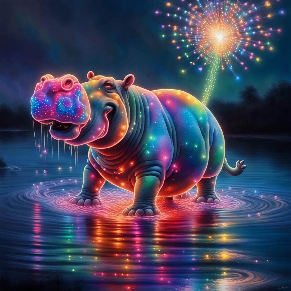 Luminous Hippopotamus Casts a Spell in Fantasy Art Style