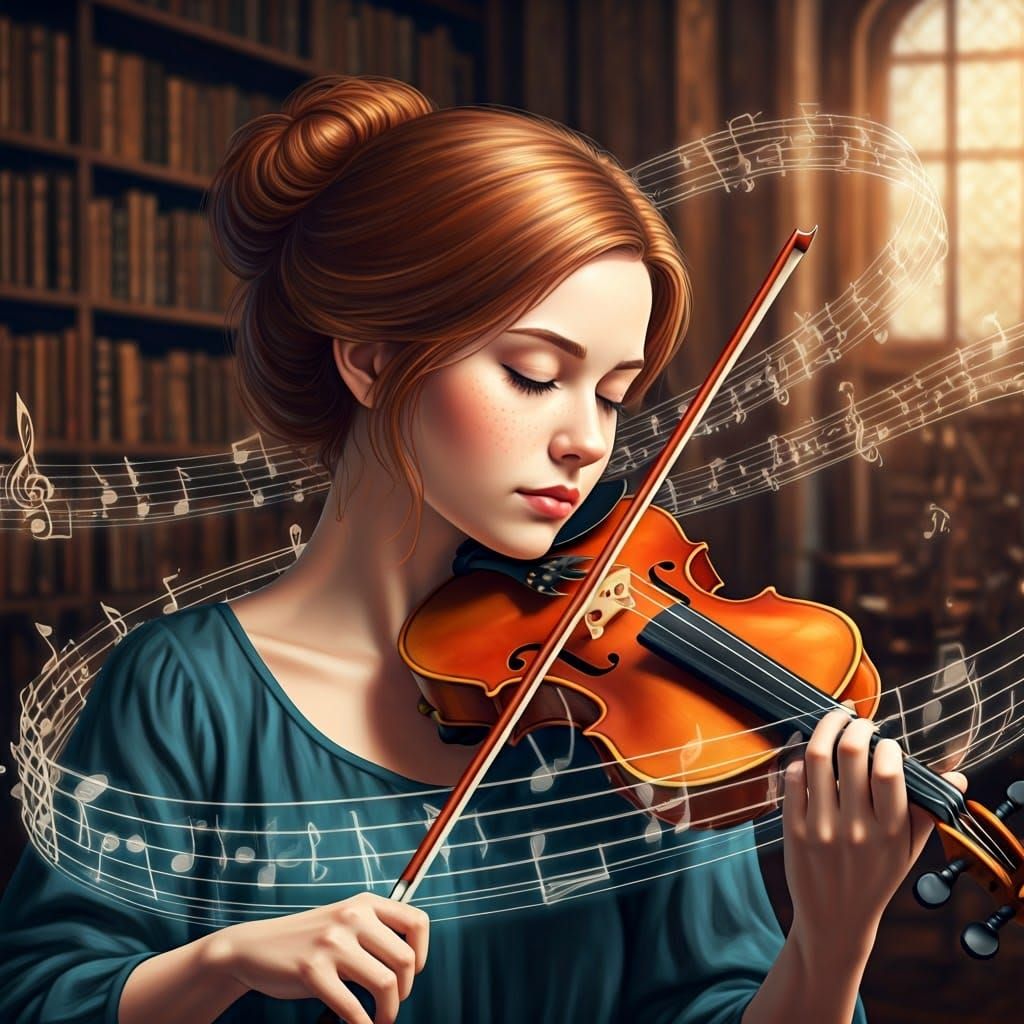 Young Woman Playing Violin in Library with Musical Notes
