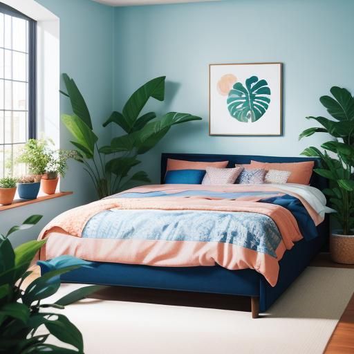 Peach and Blue Bedroom with Plants, Soft Focus