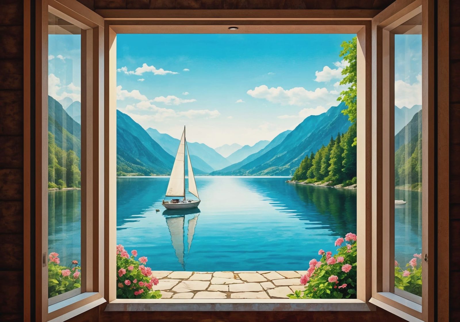 Mountain Lake Scene through an Open Window