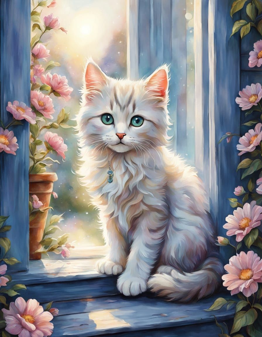 Whimsical Kitten Peers into House: Watercolor Illustration