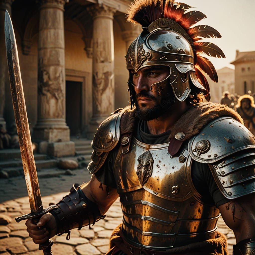 Gladiator's Standoff: Hyperrealistic Roman Film Still