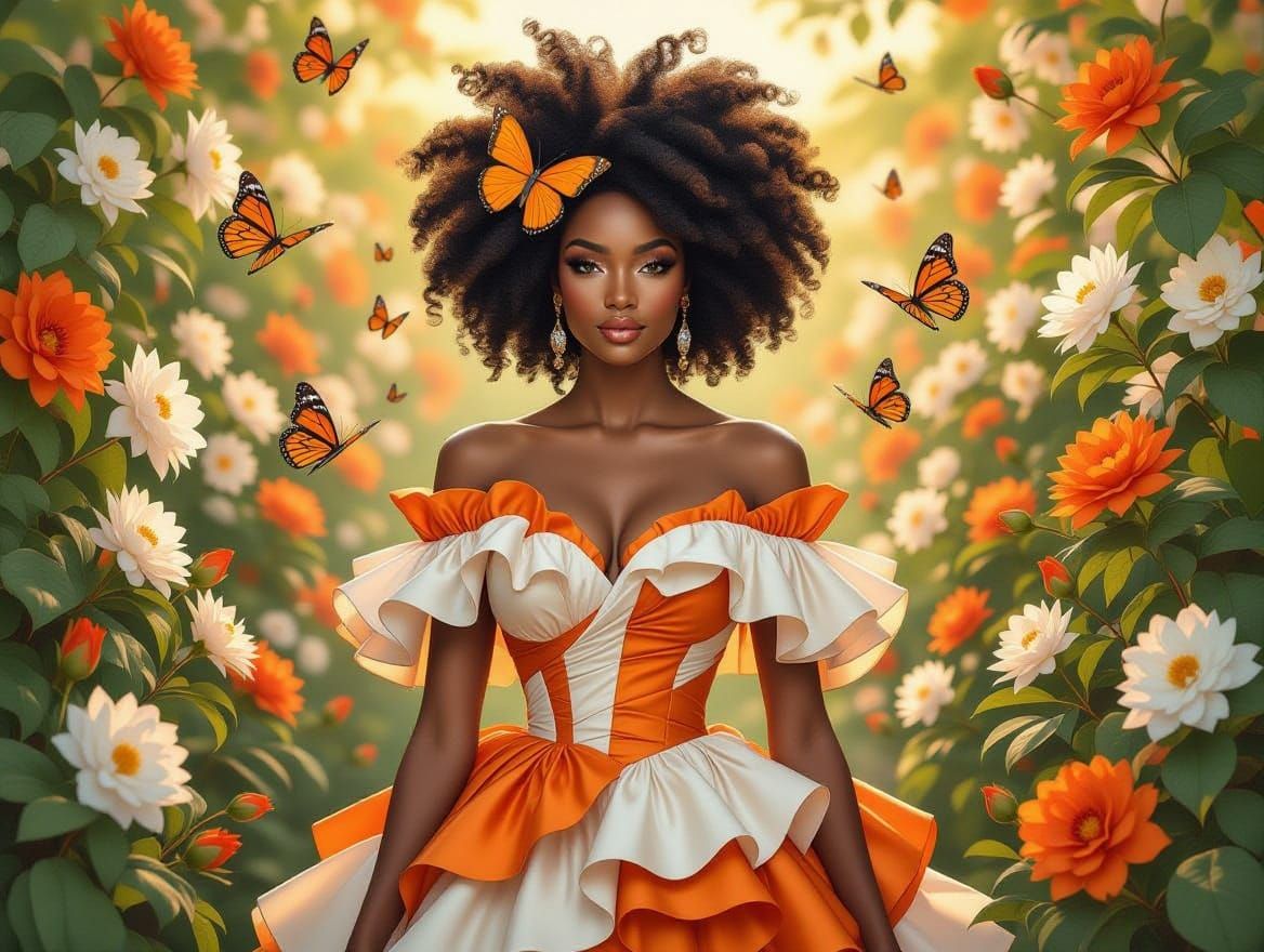 African-American Woman in Blooming Garden with Butterflies
