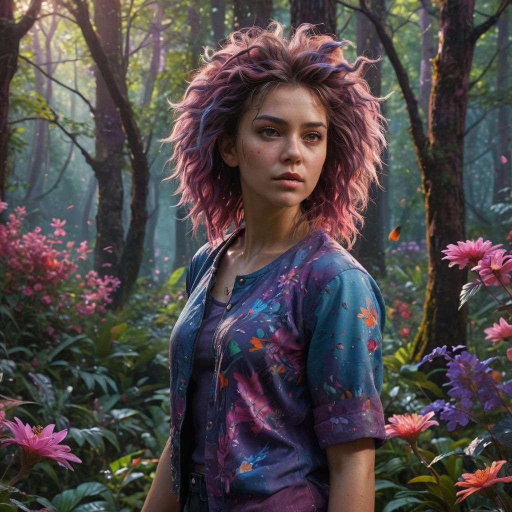 Woman with Wild Hair in Whimsical Forest