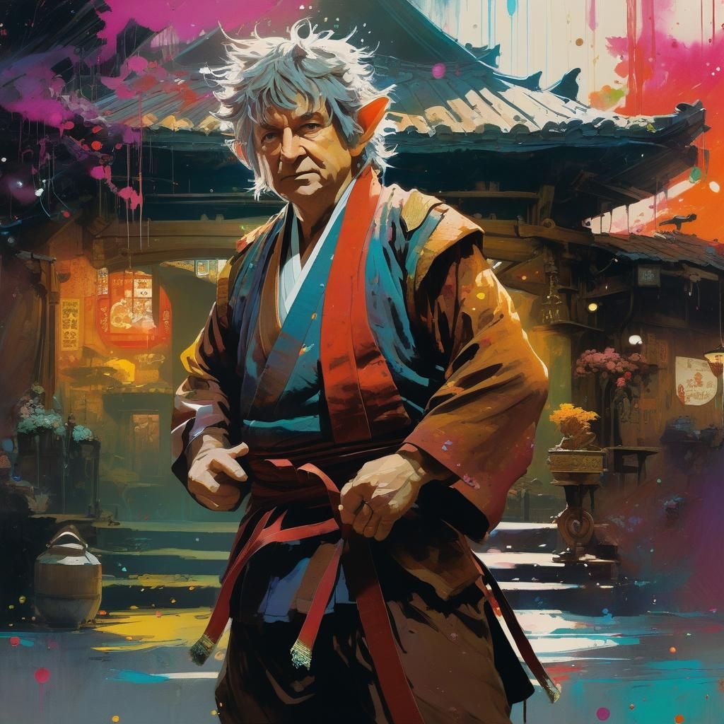 Bilbo Baggins in Cyberpunk Dojo with Ink Splatter