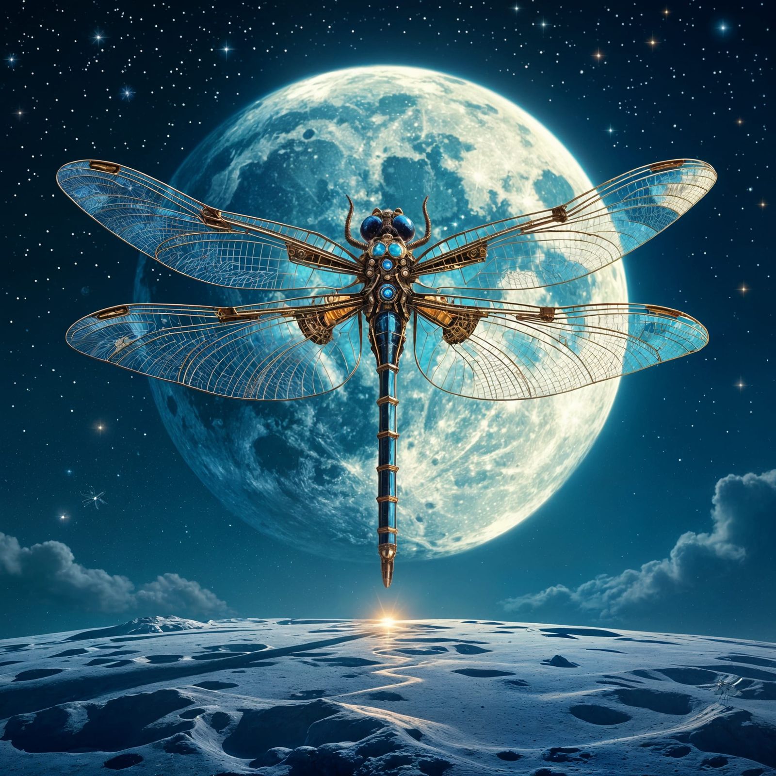 Steampunk Dragonfly on the Moon in Photorealistic Style