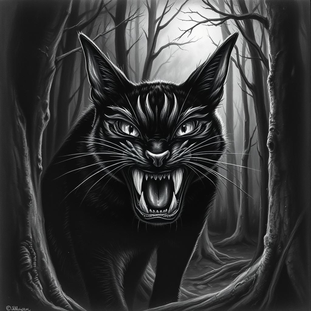 Gothic Black Cat Monster in Charcoal Style