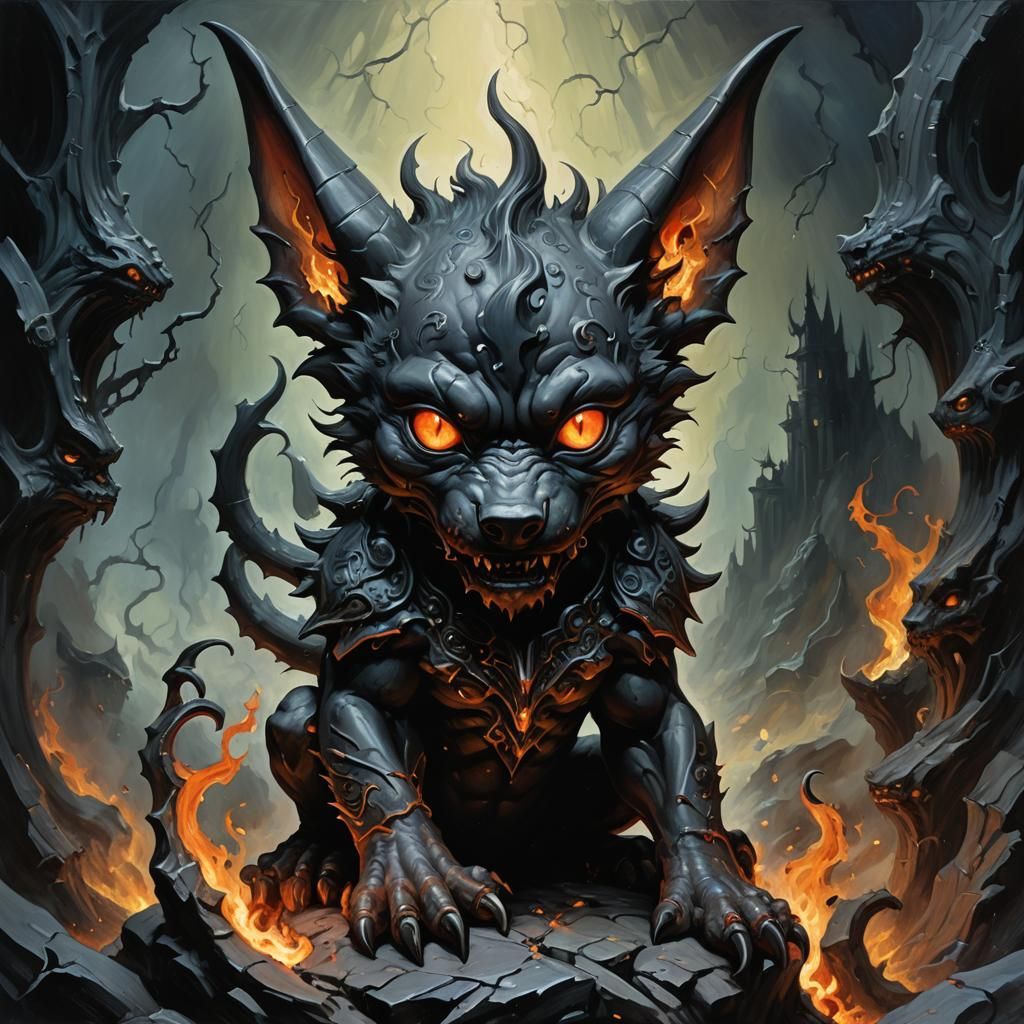 Demonic Bioluminescent Porcelain Wolf Gargoyle in Oil Painti...