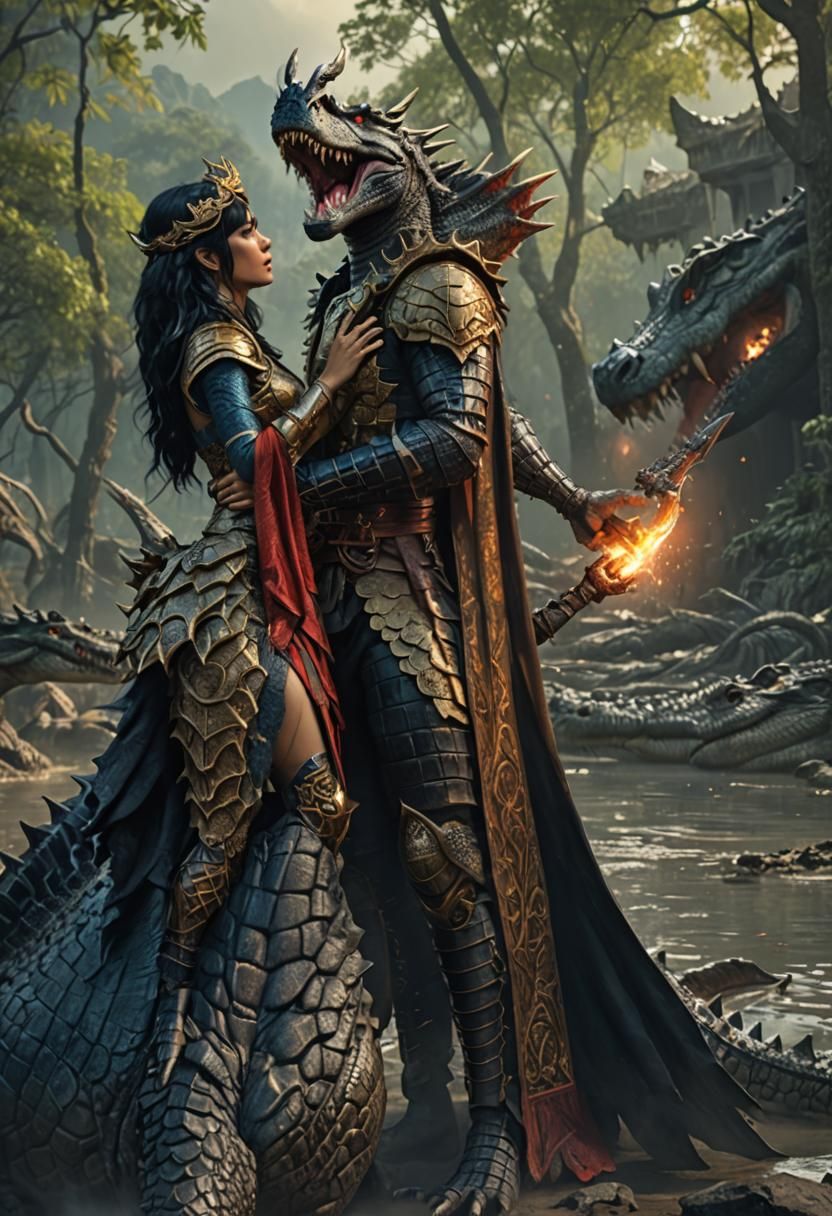 Crocodile Demon Warrior Embraces Black-Haired Lady