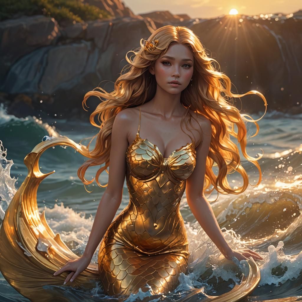 Golden Mermaid at Sunrise: Fantasy Concept Art