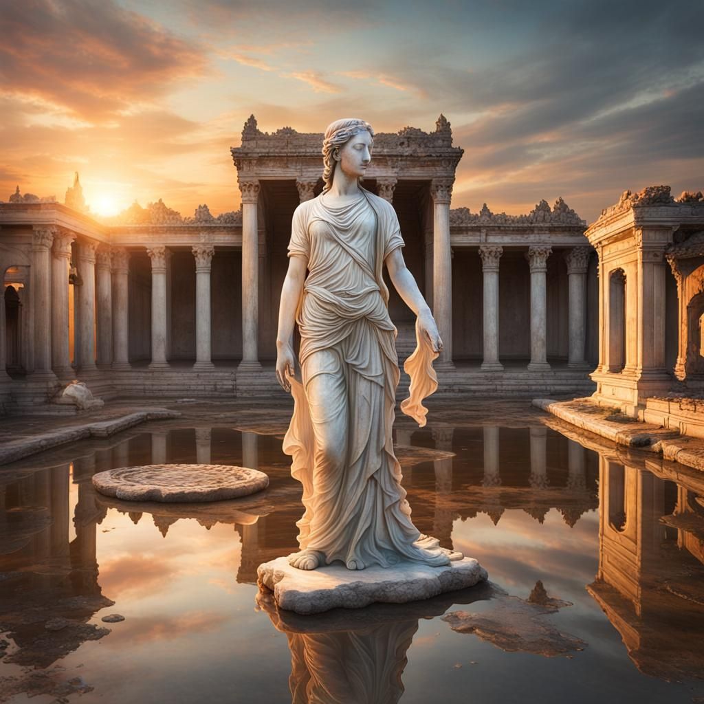 Statuesque Woman in Temple at Sunset