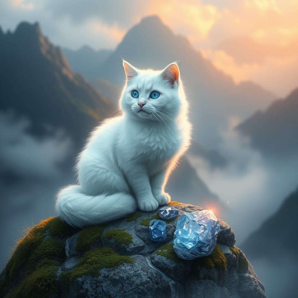 Crystal Cat Amidst Whimsical Mountain Landscape
