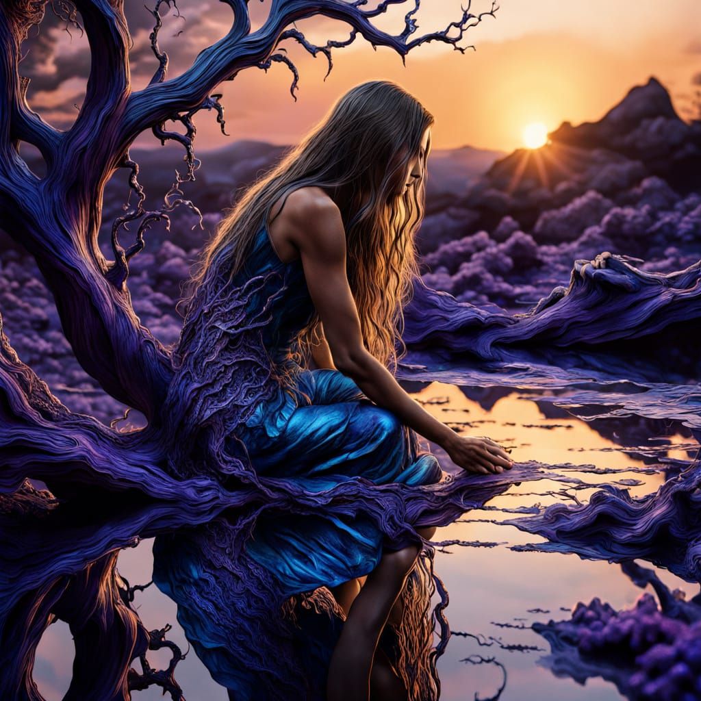 Surreal Sunset Goddess with Mirrors and Celestial Creatures