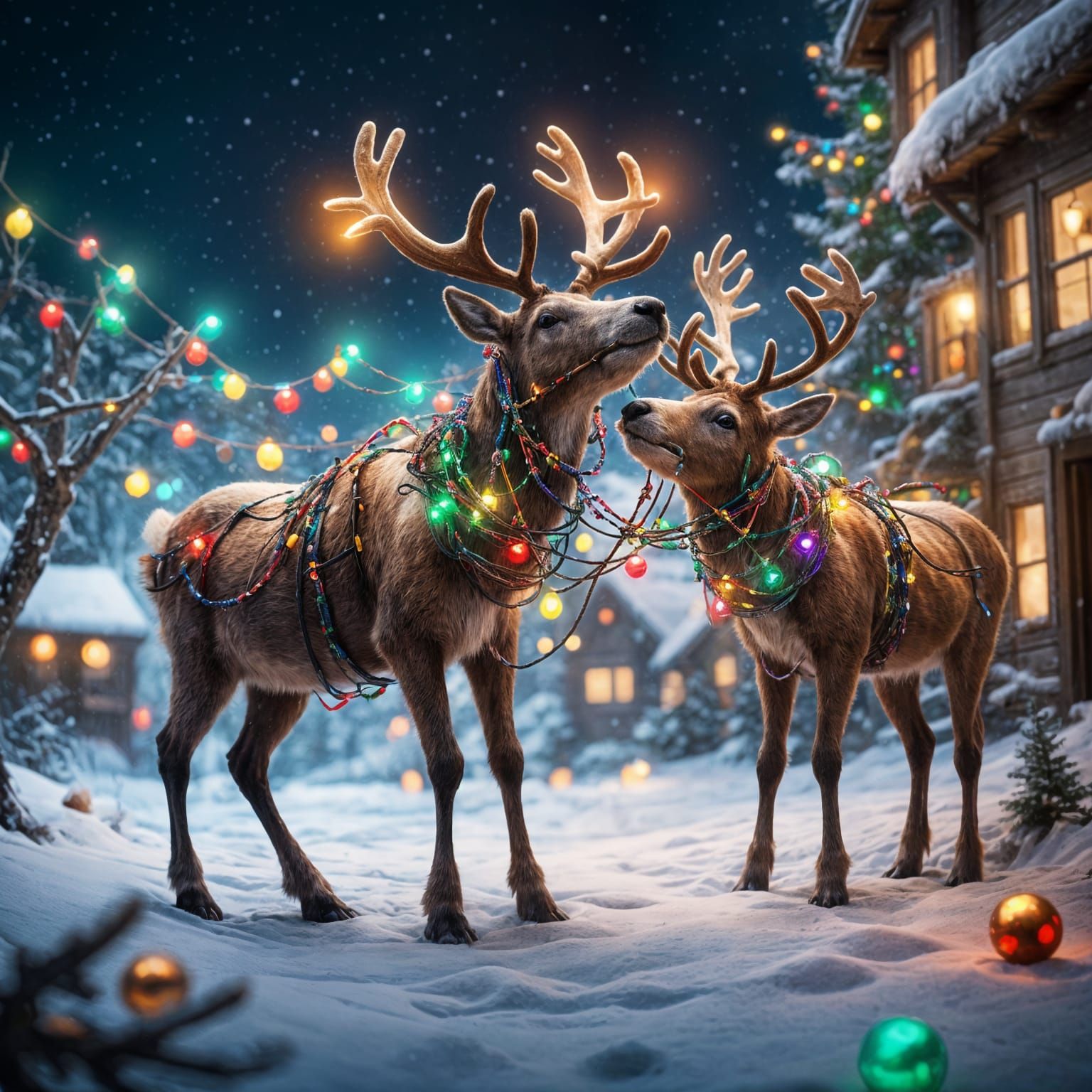 Reindeer Unleash Vibrant Christmas Lights in Fantastical Sce...