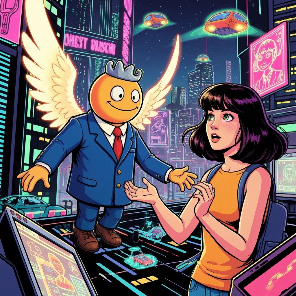 Phoenix-Winged Clippy in a Neon Cityscape