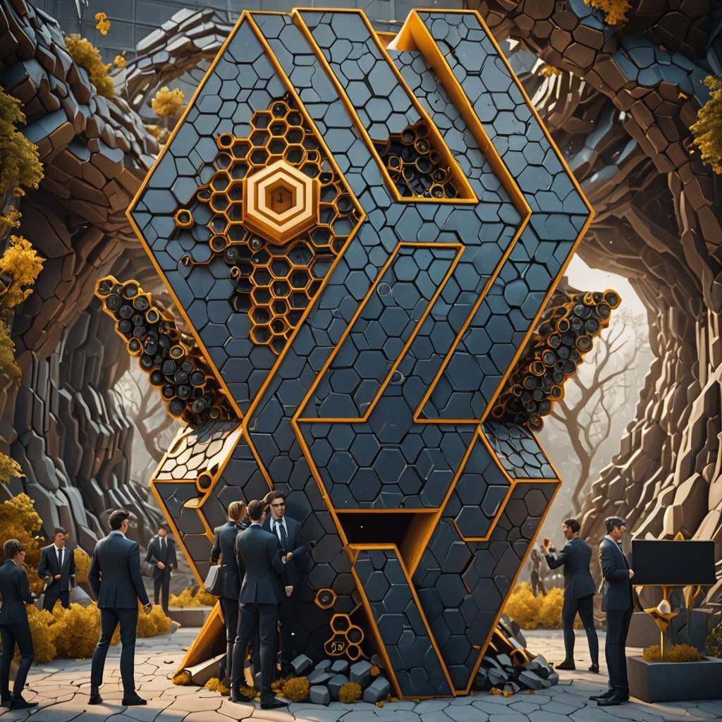 Business Team Sculpts HIVE Blockchain Logo, Detailed Matte P...