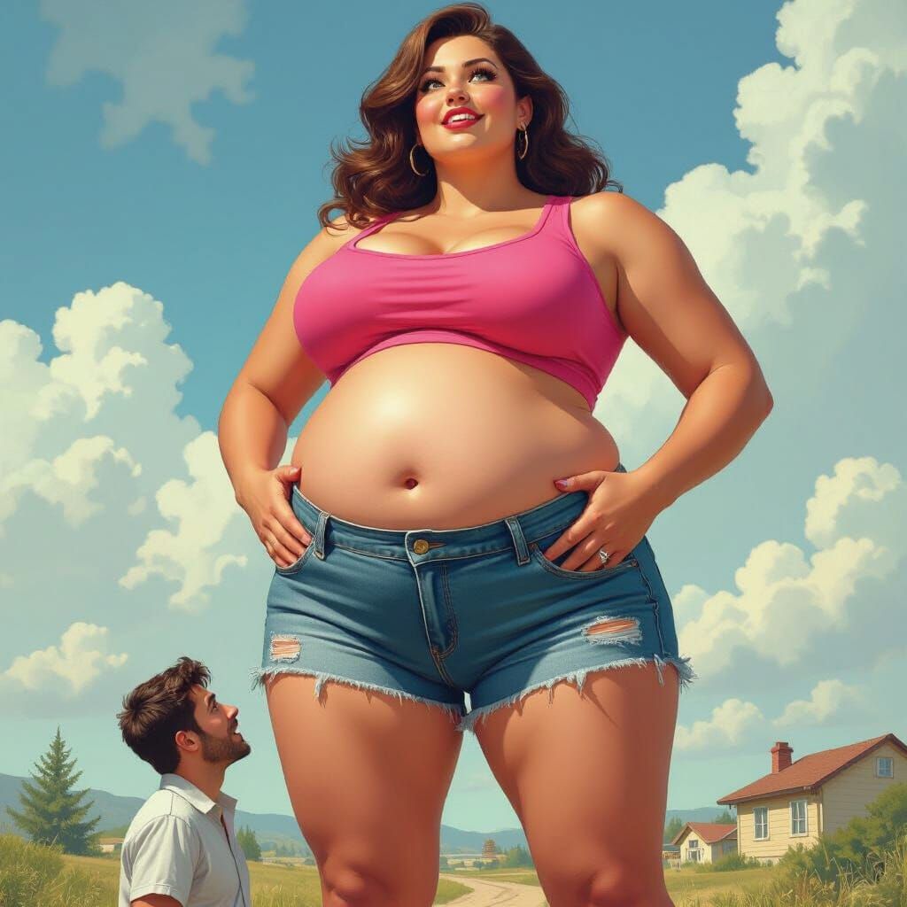 Voluptuous Giantess Smothers Tiny Man in Dreamy Landscape