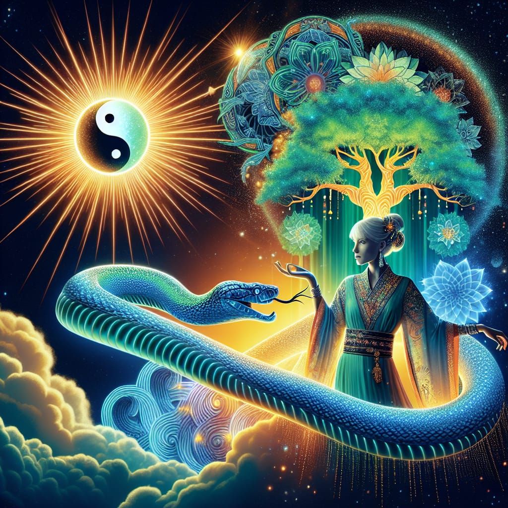 Bioluminescent Serpent Wraps Woman in Japanese Graphic Style