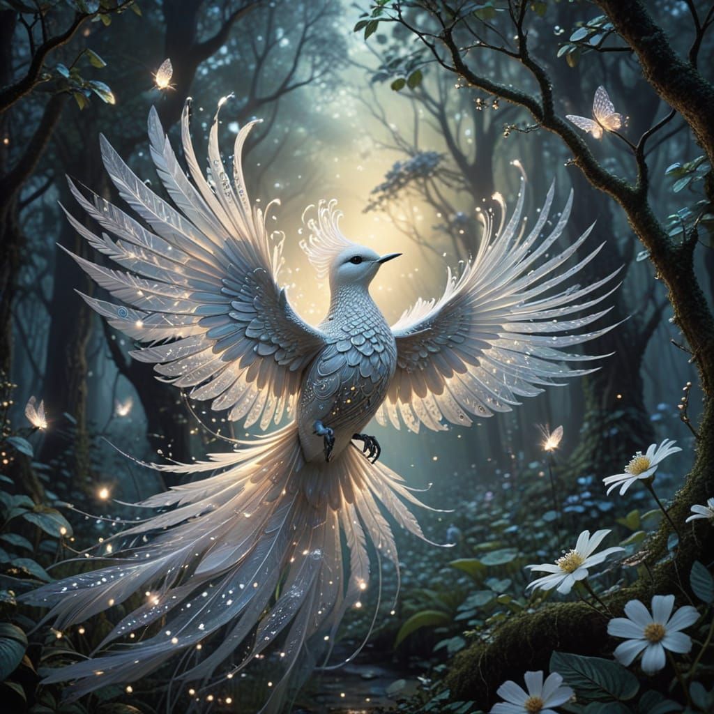 Whimsical Fantasy Bird Takes Flight in Enchanted Forest