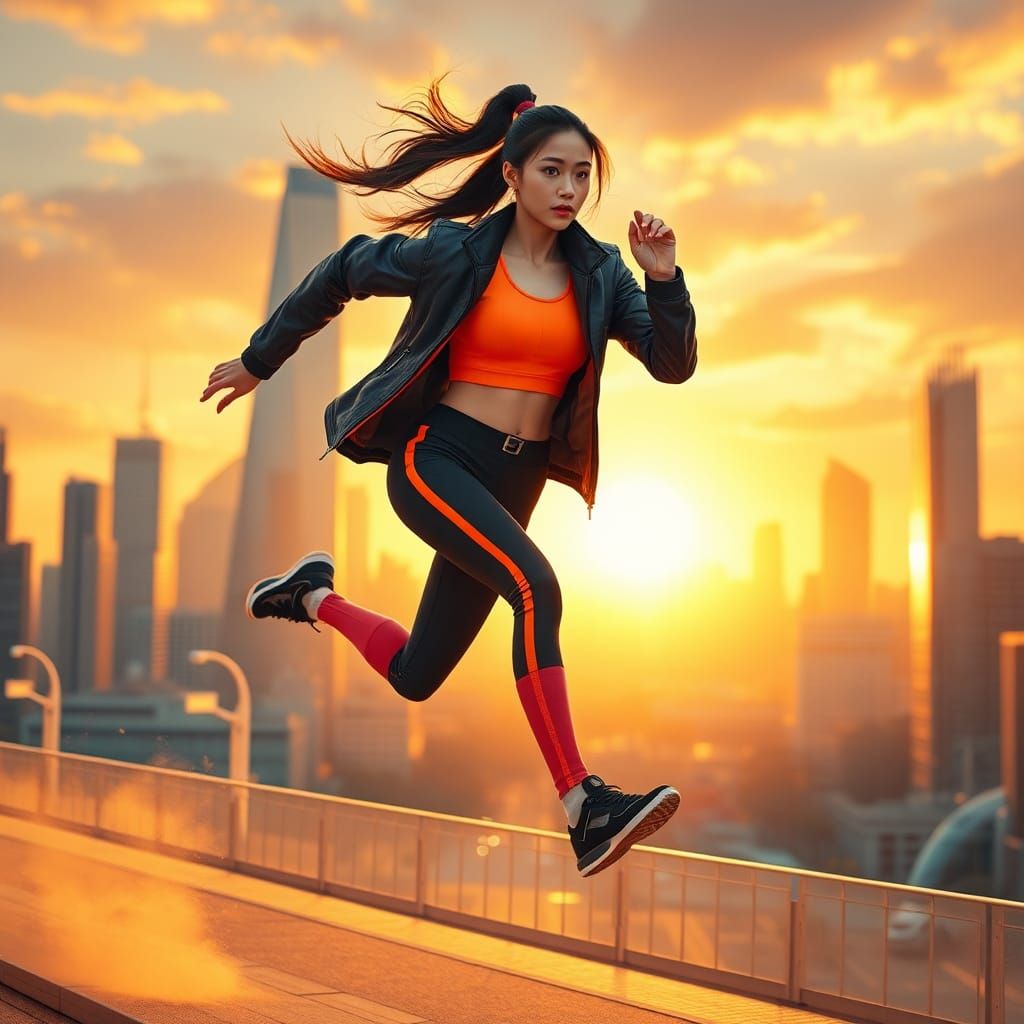Asian Woman Running in Golden Hour Cityscape