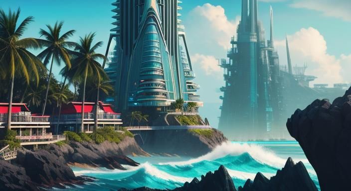 Cyberpunk Tropical Island Resort at Night